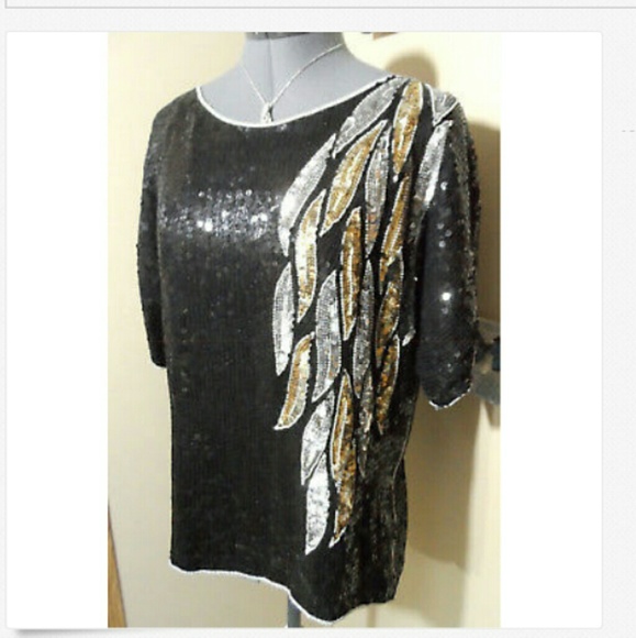 JOSEPH LE BON 100% Silk Sequin Top M Black Leaves Vintage - Picture 1 of 7